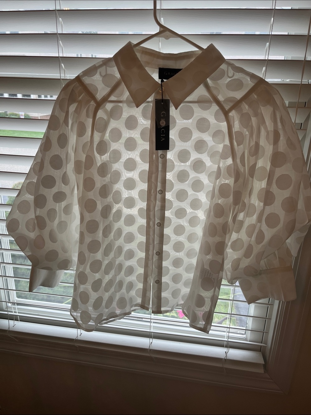 Gracia White Sheer Polka Dot Button-Front Blouse